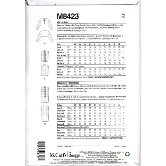 McCall's M8423 Mens 34 to 42 Medieval Historical Costume Uncut Sewing Pattern - Picture 2 of 2